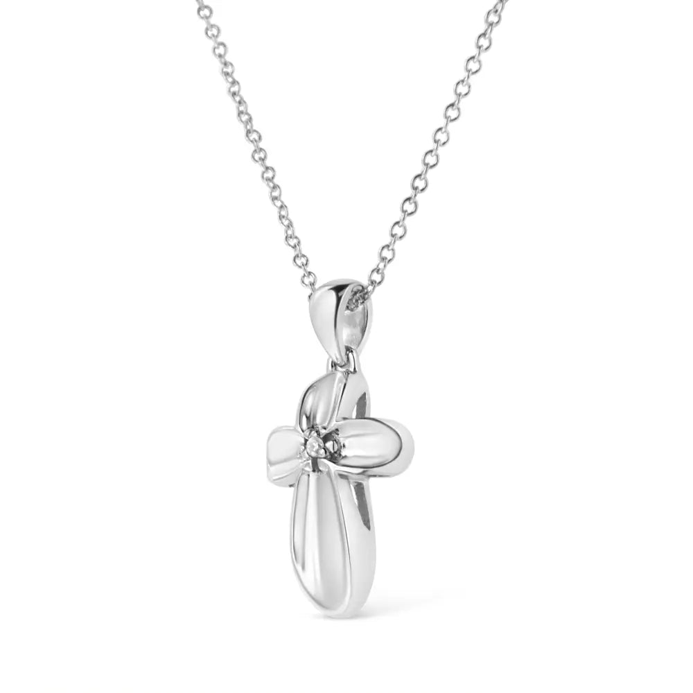 .925 Sterling Silver Prong-Set Diamond Accent Floral Cross 18" Pendant Necklace (I-J Color, I1-I2 Clarity) - Bijoux-NYC Direct