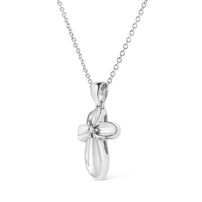 .925 Sterling Silver Prong-Set Diamond Accent Floral Cross 18" Pendant Necklace (I-J Color, I1-I2 Clarity) - Bijoux-NYC Direct