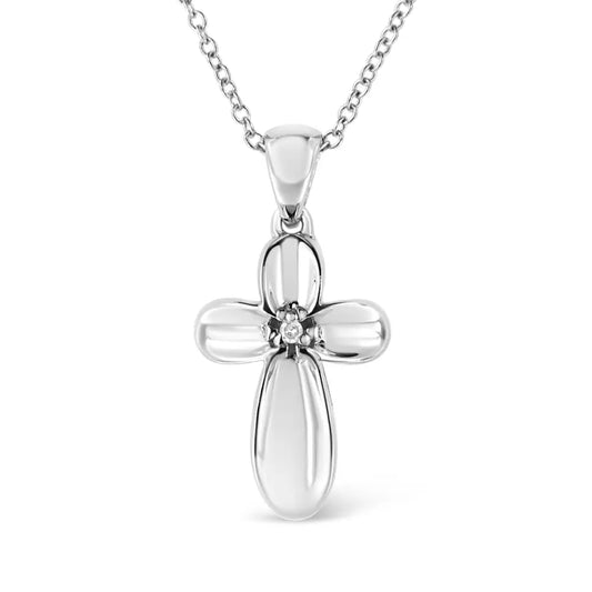 .925 Sterling Silver Prong-Set Diamond Accent Floral Cross 18" Pendant Necklace (I-J Color, I1-I2 Clarity) - Bijoux-NYC Direct