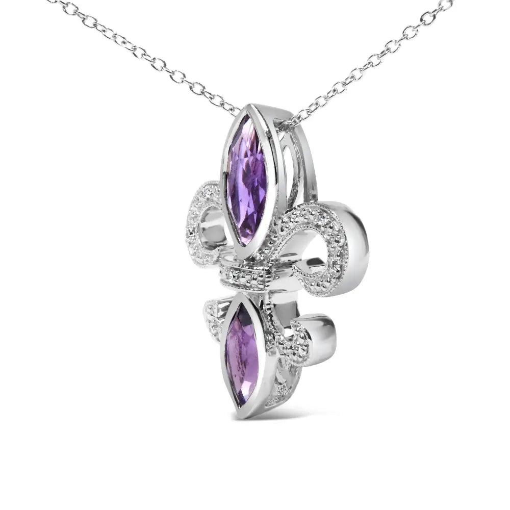 Sterling silver amethyst fleur de lis diamond pendant necklace 18 inch bijoux-nyc direct