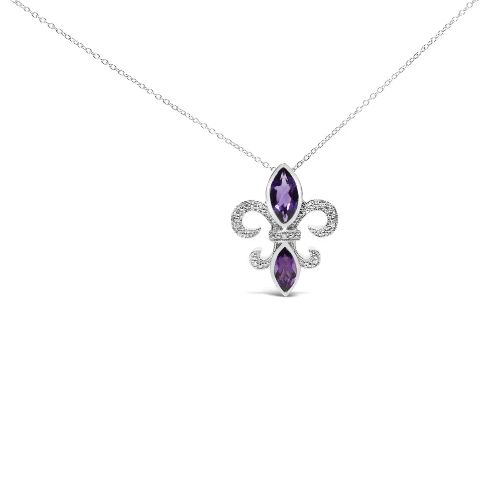 Sterling silver amethyst fleur de lis diamond pendant necklace 18 inch bijoux-nyc direct
