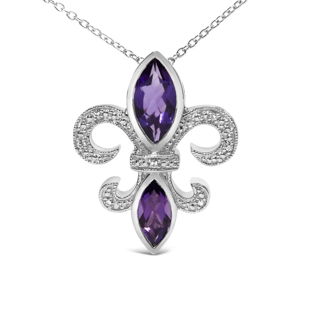 .925 sterling silver purple amethyst marquise and diamond accent fleur de lis pendant necklace (h i color si1 si2 clarity) size