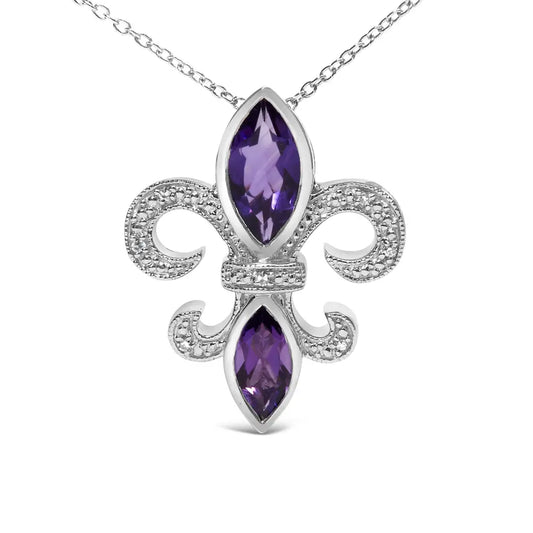 .925 sterling silver purple amethyst marquise and diamond accent fleur de lis pendant necklace (h i color si1 si2 clarity) size