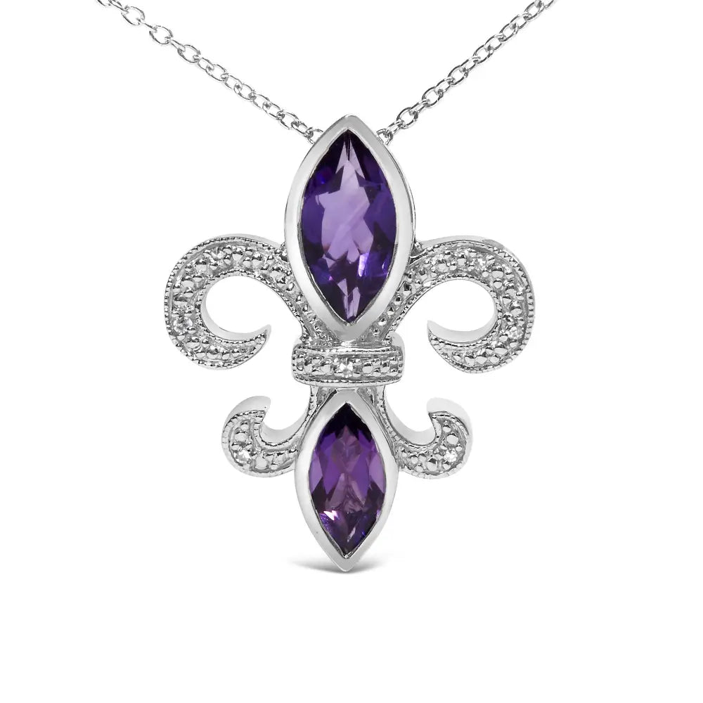 Sterling silver amethyst fleur de lis diamond pendant necklace 18 inch bijoux-nyc direct