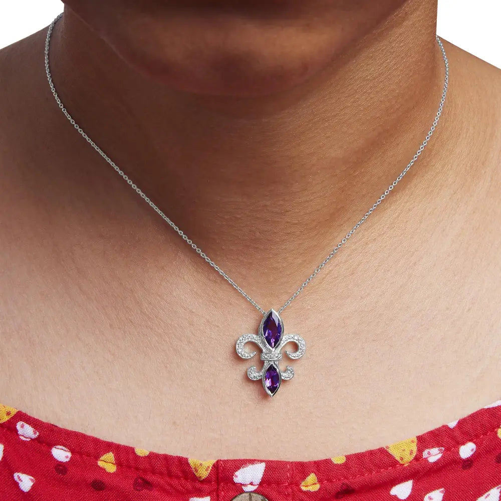 Sterling silver amethyst fleur de lis diamond pendant necklace 18 inch bijoux-nyc direct
