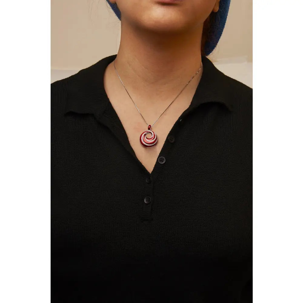 Sterling silver red enamel swirl medallion 0.50ct diamond 18 inch necklace bijoux-nyc direct