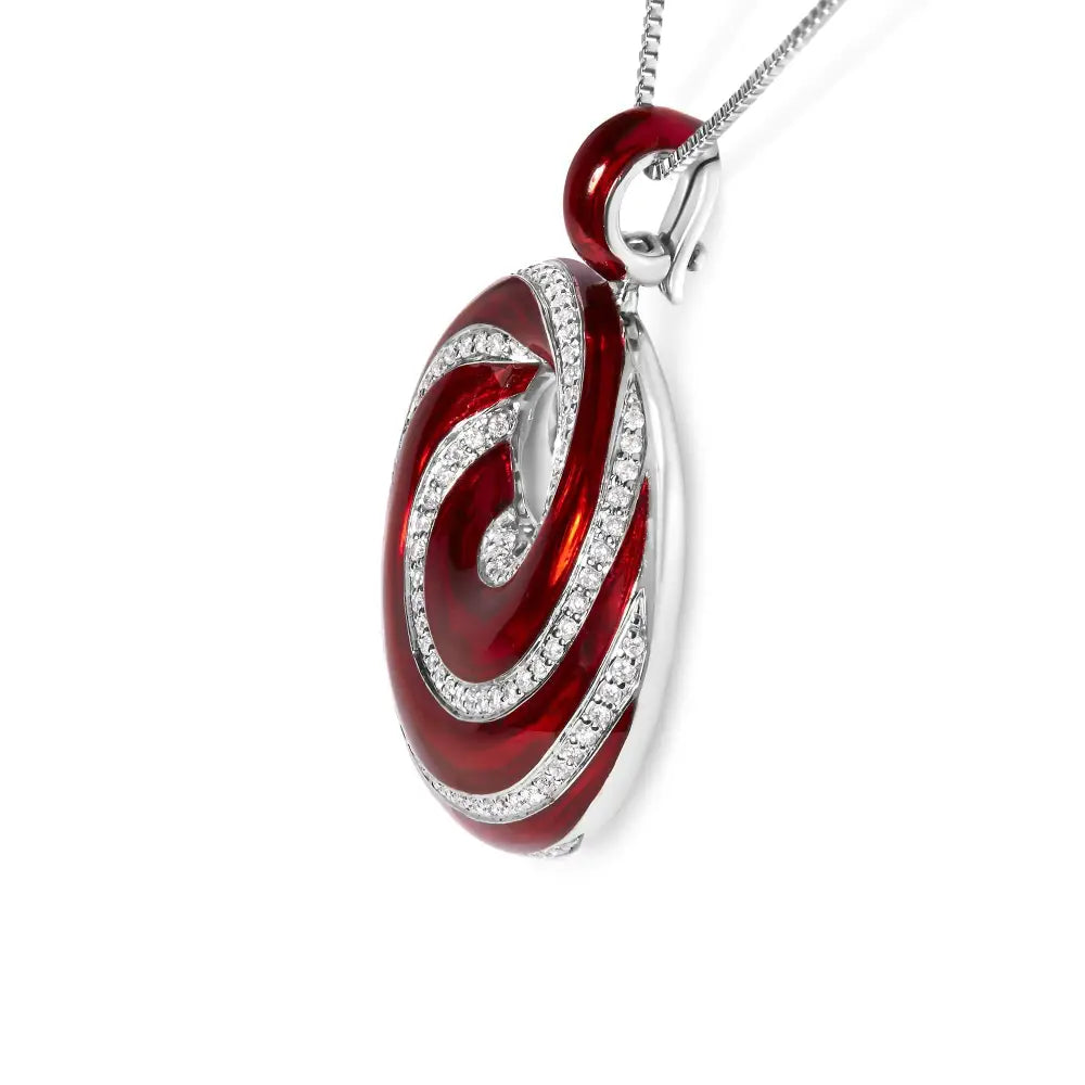 Sterling silver red enamel swirl medallion 0.50ct diamond 18 inch necklace bijoux-nyc direct