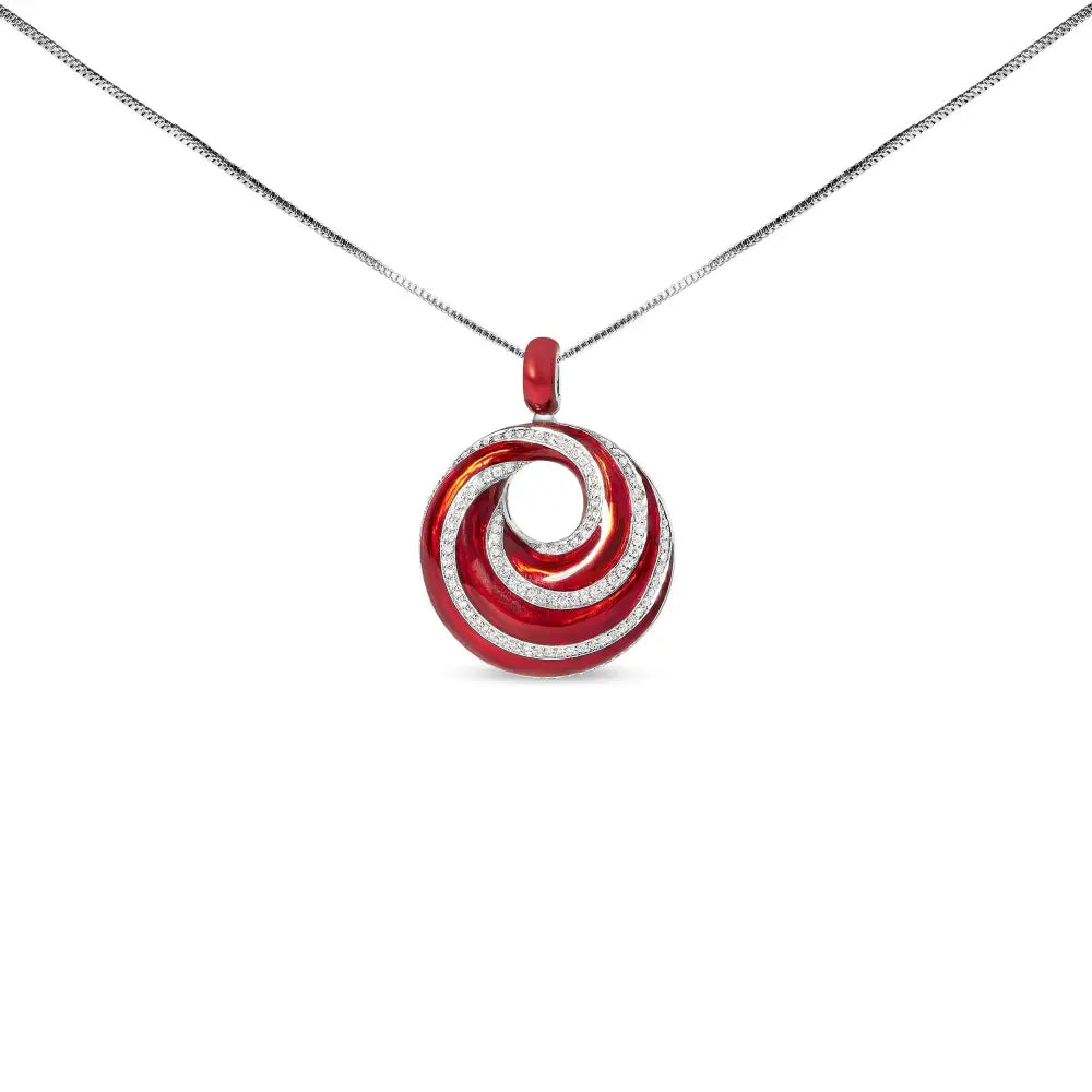 Sterling silver red enamel swirl medallion 0.50ct diamond 18 inch necklace bijoux-nyc direct