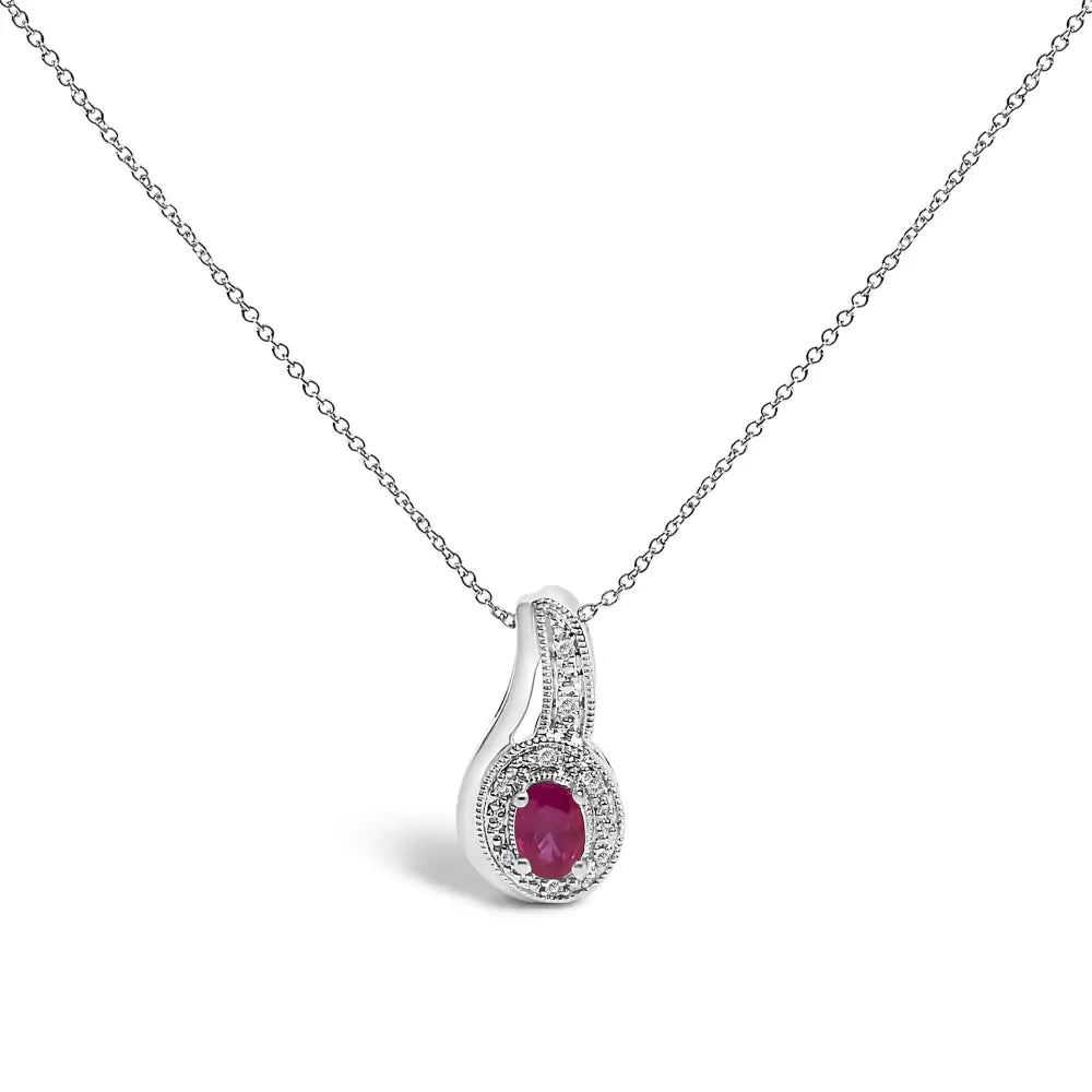 Sterling silver oval ruby and diamond milgrain swirl pendant necklace 18 bijoux-nyc direct