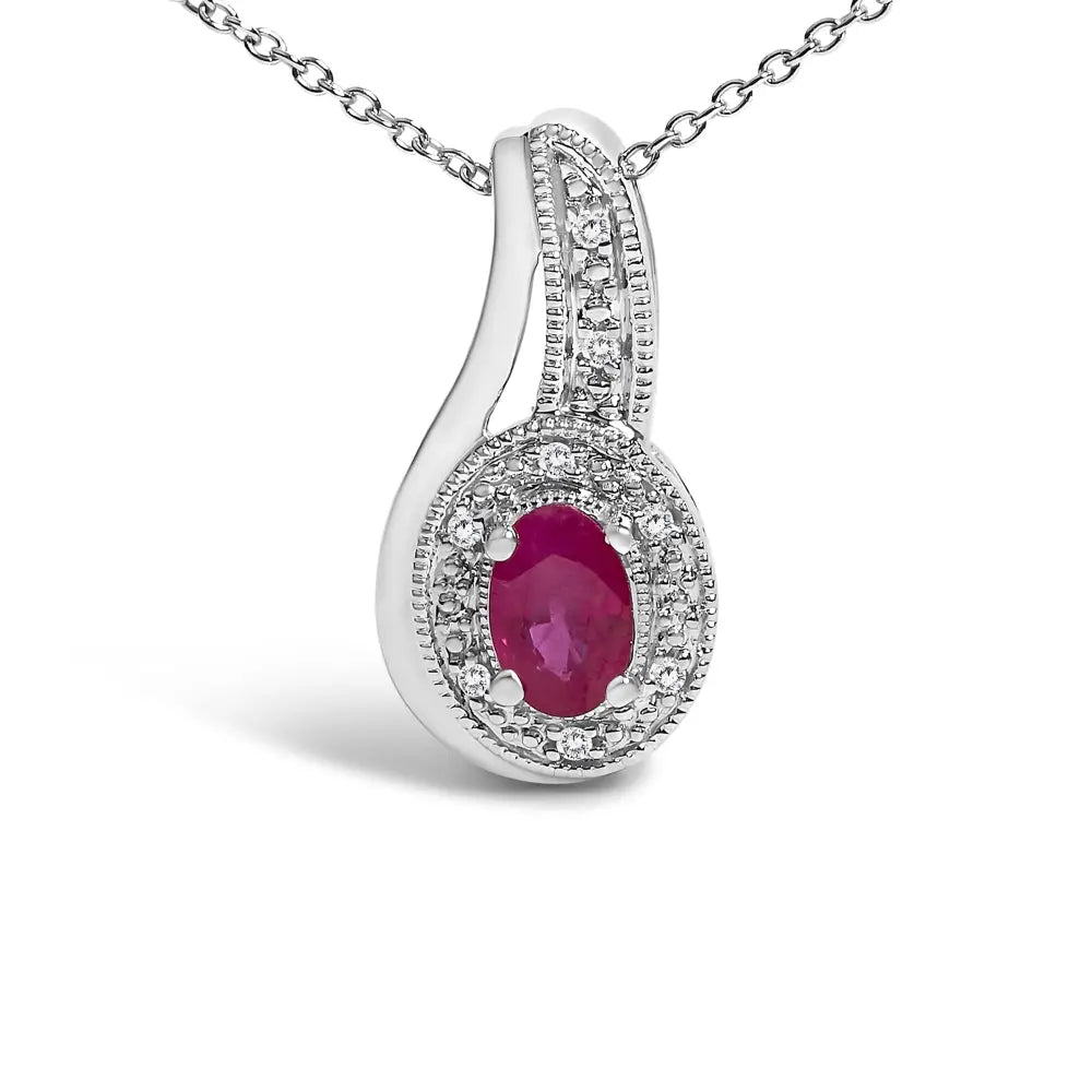 Sterling silver oval ruby and diamond milgrain swirl pendant necklace 18 bijoux-nyc direct