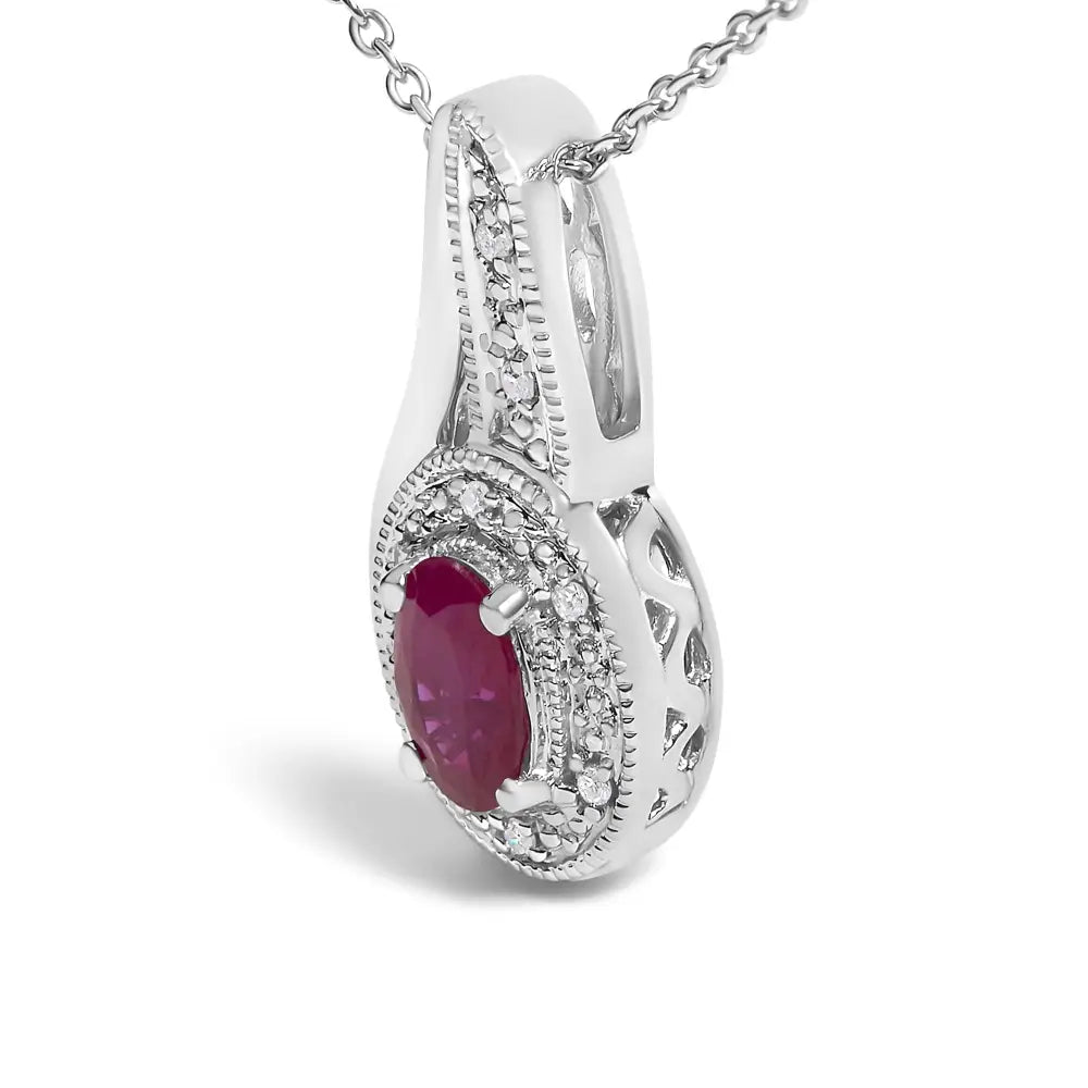 Sterling silver oval ruby and diamond milgrain swirl pendant necklace 18 bijoux-nyc direct