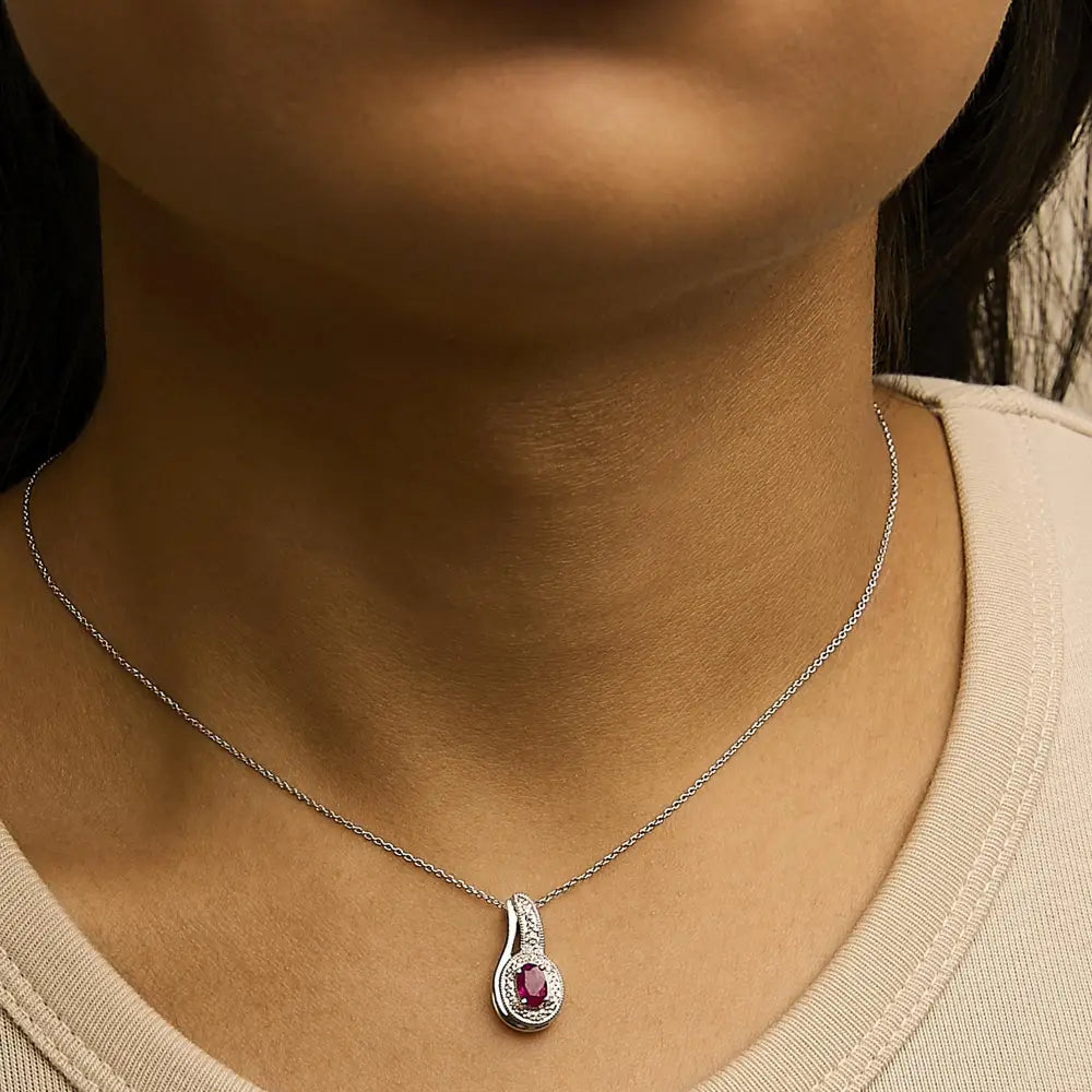 Sterling silver oval ruby and diamond milgrain swirl pendant necklace 18 bijoux-nyc direct