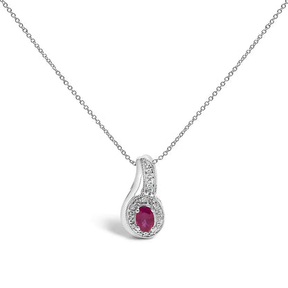 .925 Sterling Silver Red Ruby and Diamond Accent Milgrain Swirl Pendant Necklace - 18" Inches - Bijoux-NYC Direct