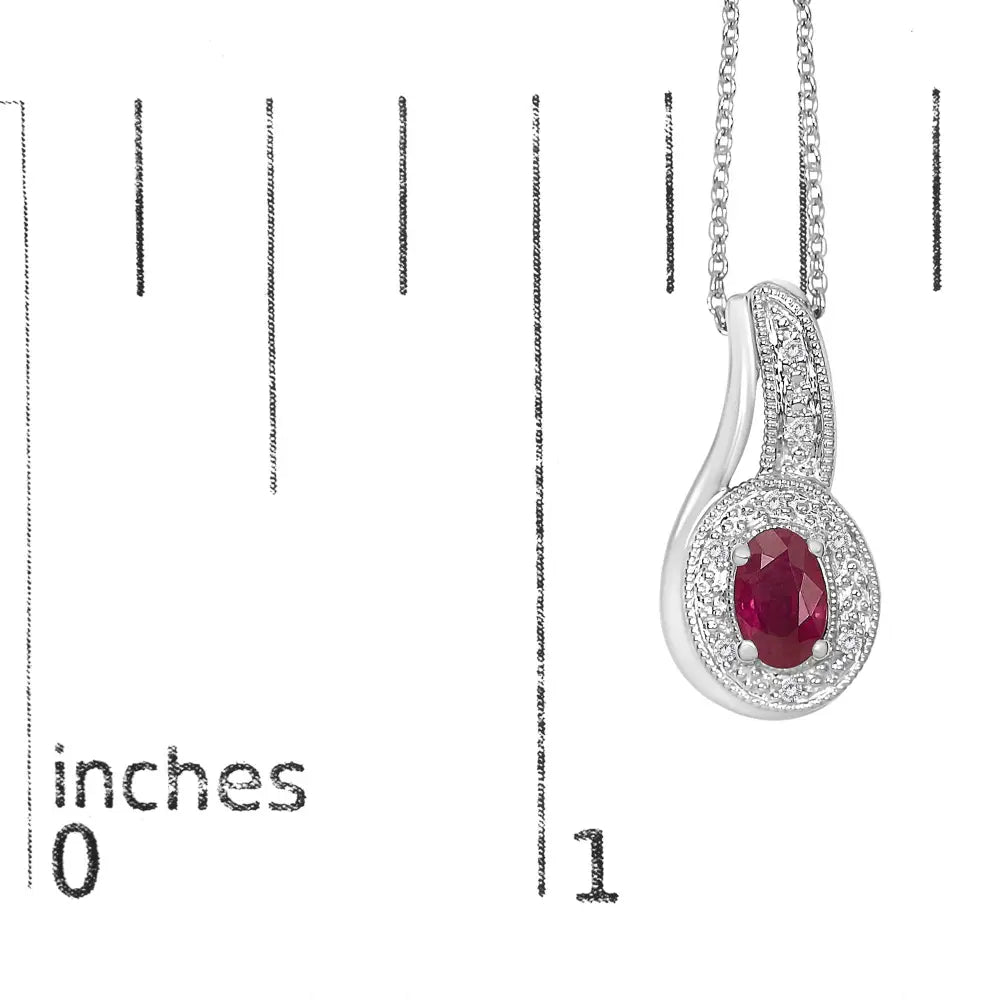 Sterling silver oval ruby and diamond milgrain swirl pendant necklace 18 bijoux-nyc direct