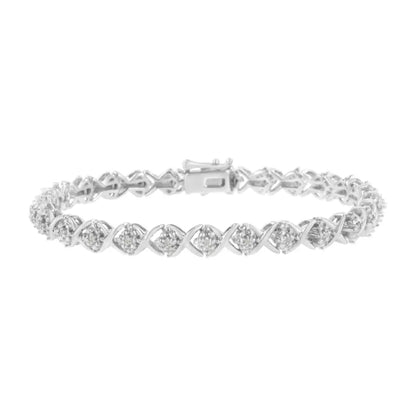 .925 Sterling Silver Round-Cut Diamond Accent Floral Cluster and "X" Link Bracelet (I-J Color, I3 Clarity) - 7.25" - Bijoux-NYC Direct