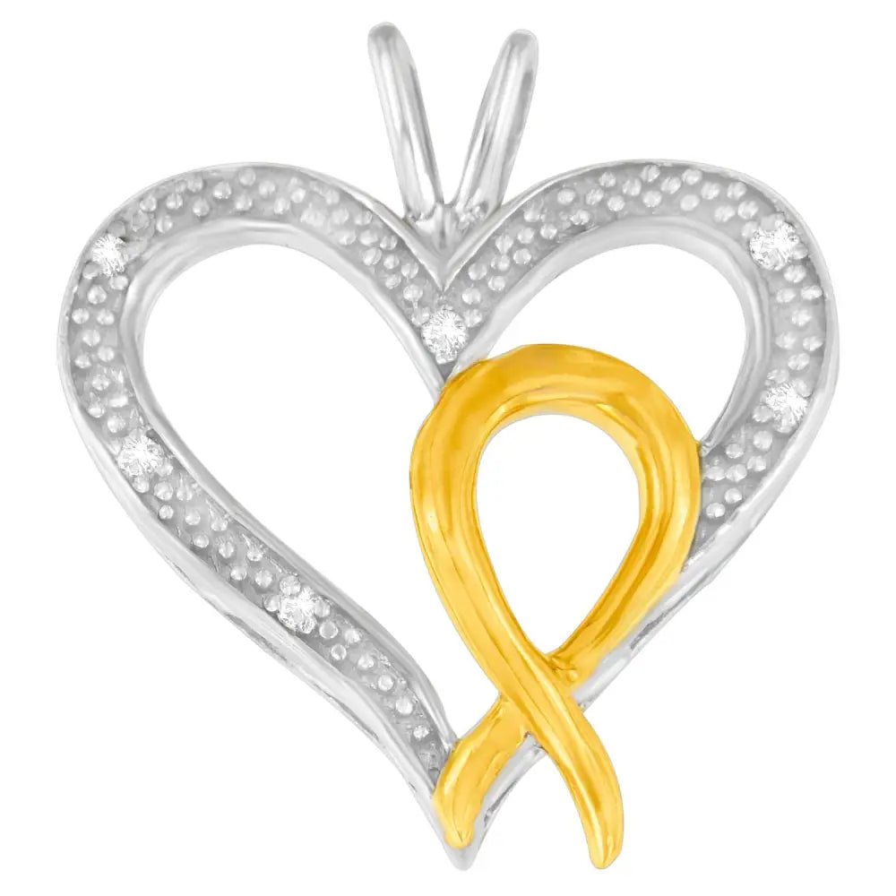 Two tone sterling silver 1/25 cttw diamond heart ribbon pendant necklace bijoux-nyc direct