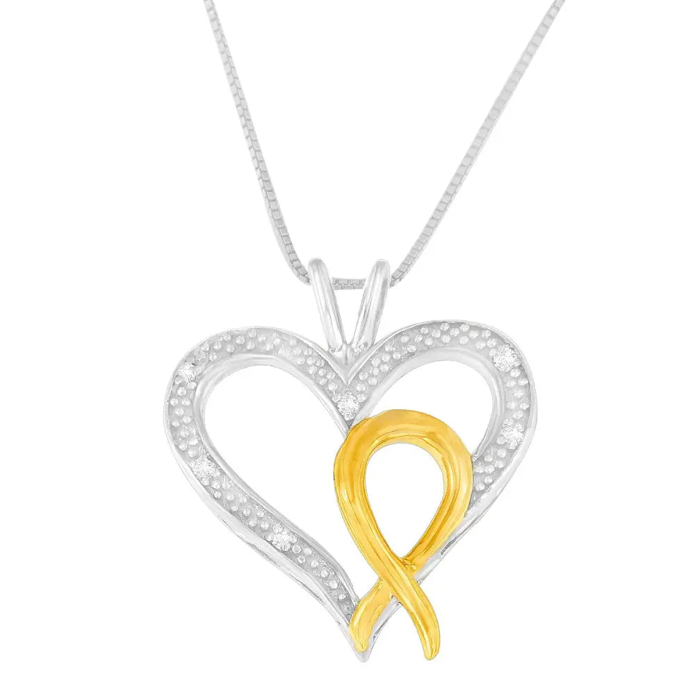 Two tone sterling silver 1/25 cttw diamond heart ribbon pendant necklace bijoux-nyc direct
