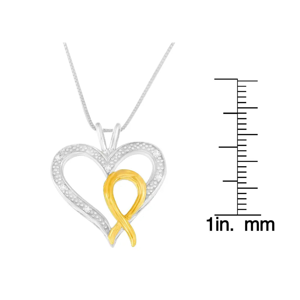 Two tone sterling silver 1/25 cttw diamond heart ribbon pendant necklace bijoux-nyc direct
