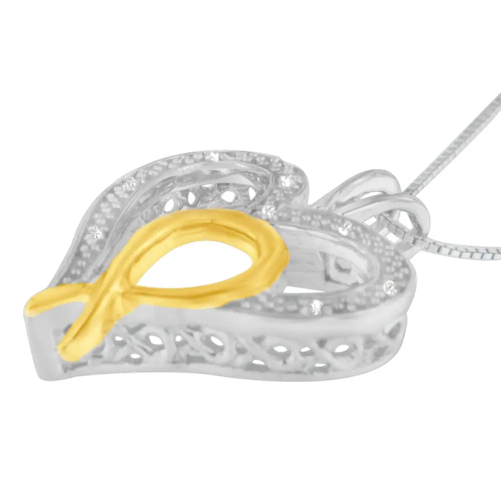 Two tone sterling silver 1/25 cttw diamond heart ribbon pendant necklace bijoux-nyc direct
