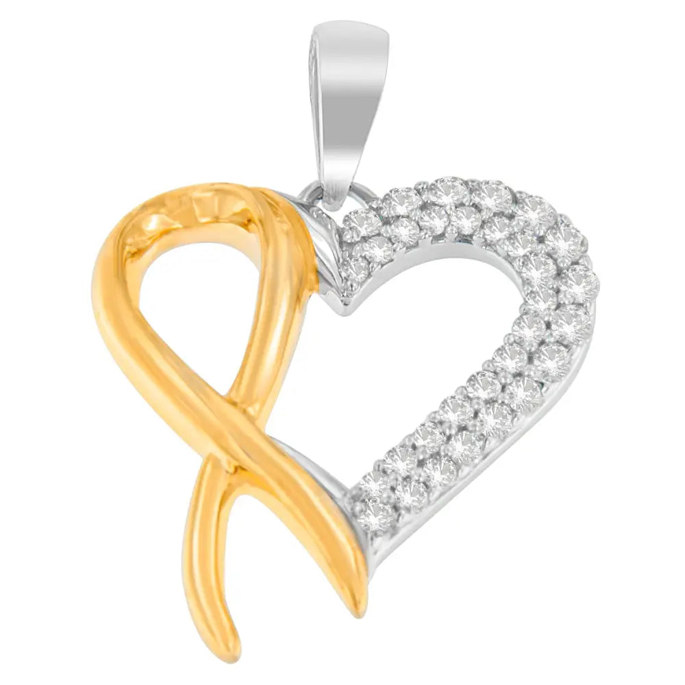 Two-tone sterling silver 1/4cttw diamond ribbon heart pendant necklace bijoux-nyc direct