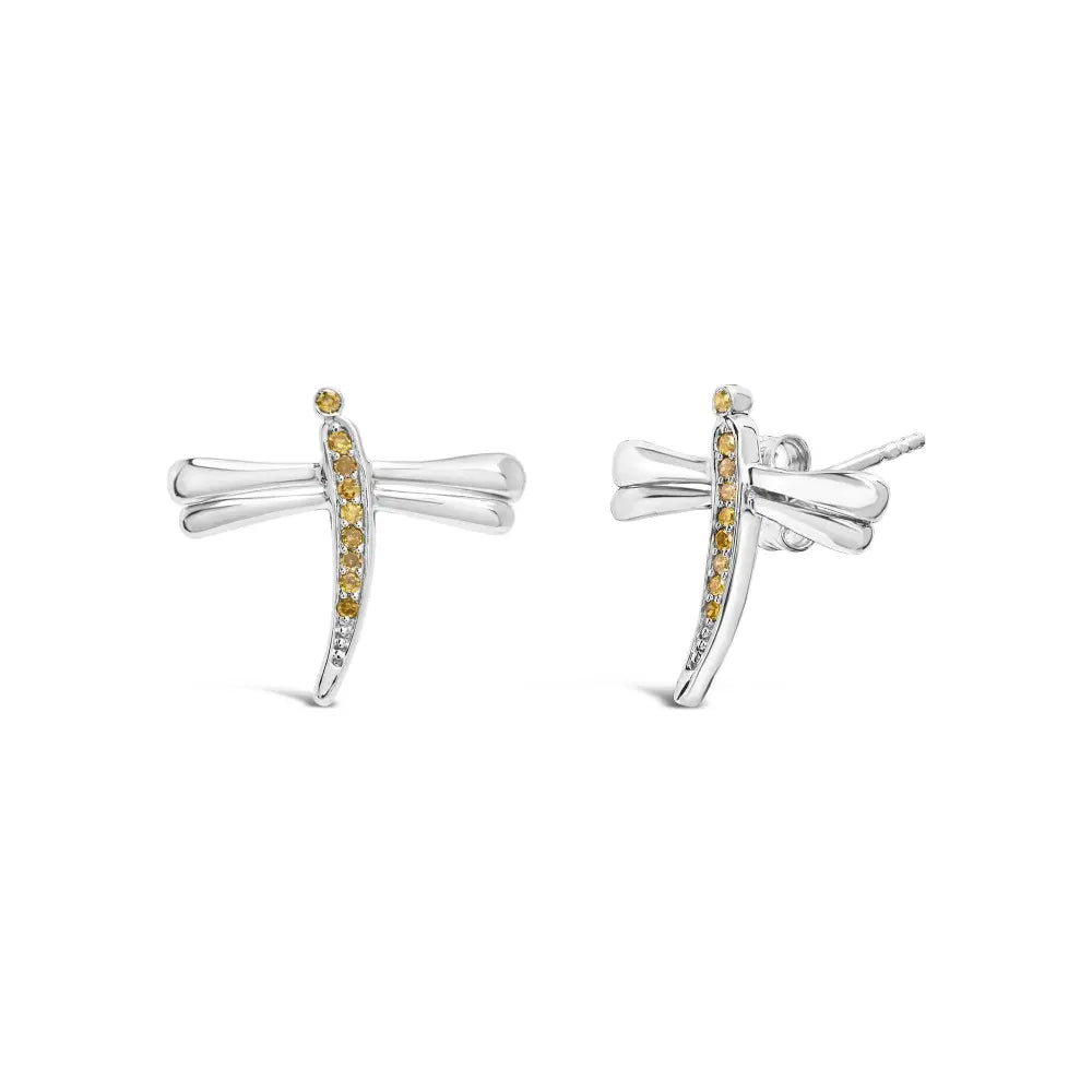 .925 Sterling Silver Yellow Diamond Accent Dragonfly Stud Earrings (Yellow Color, I2-I3 Clarity) - Bijoux-NYC Direct