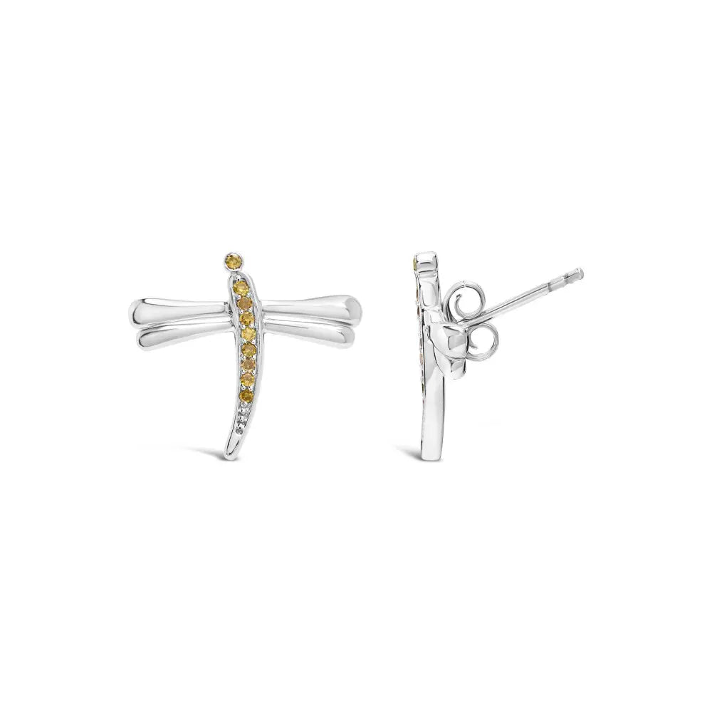 .925 Sterling Silver Yellow Diamond Accent Dragonfly Stud Earrings (Yellow Color, I2-I3 Clarity) - Bijoux-NYC Direct