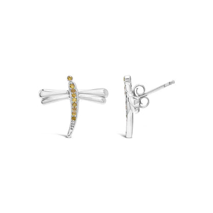 .925 Sterling Silver Yellow Diamond Accent Dragonfly Stud Earrings (Yellow Color, I2-I3 Clarity) - Bijoux-NYC Direct