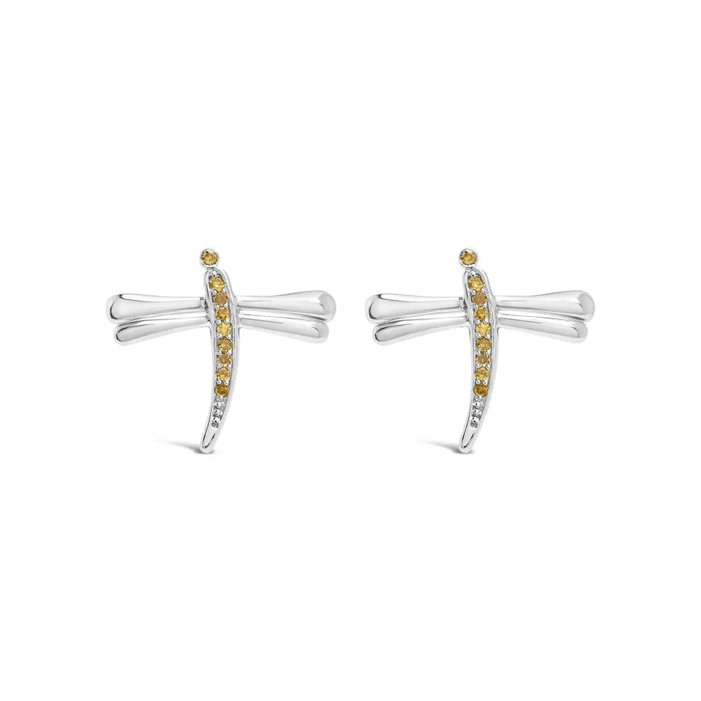 .925 Sterling Silver Yellow Diamond Accent Dragonfly Stud Earrings (Yellow Color, I2-I3 Clarity) - Bijoux-NYC Direct