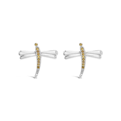 .925 Sterling Silver Yellow Diamond Accent Dragonfly Stud Earrings (Yellow Color, I2-I3 Clarity) - Bijoux-NYC Direct