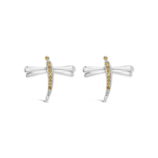 .925 Sterling Silver Yellow Diamond Accent Dragonfly Stud Earrings (Yellow Color, I2-I3 Clarity) - Bijoux-NYC Direct