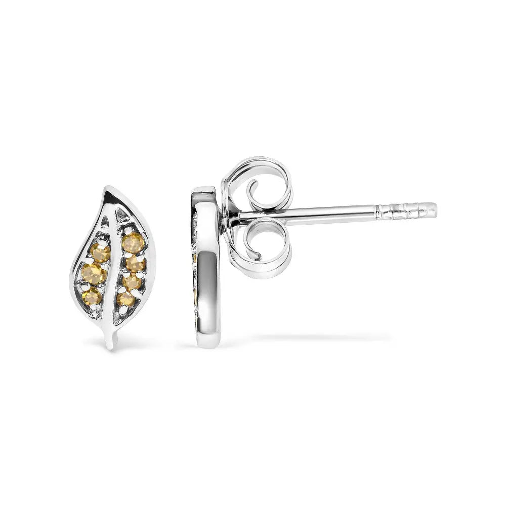 .925 Sterling Silver Yellow Diamond Accent Leaf Stud Earrings (Yellow Color, SI1-SI2 Clarity) - Bijoux-NYC Direct