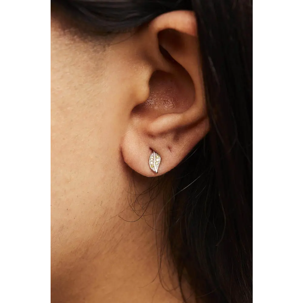 .925 Sterling Silver Yellow Diamond Accent Leaf Stud Earrings (Yellow Color, SI1-SI2 Clarity) - Bijoux-NYC Direct