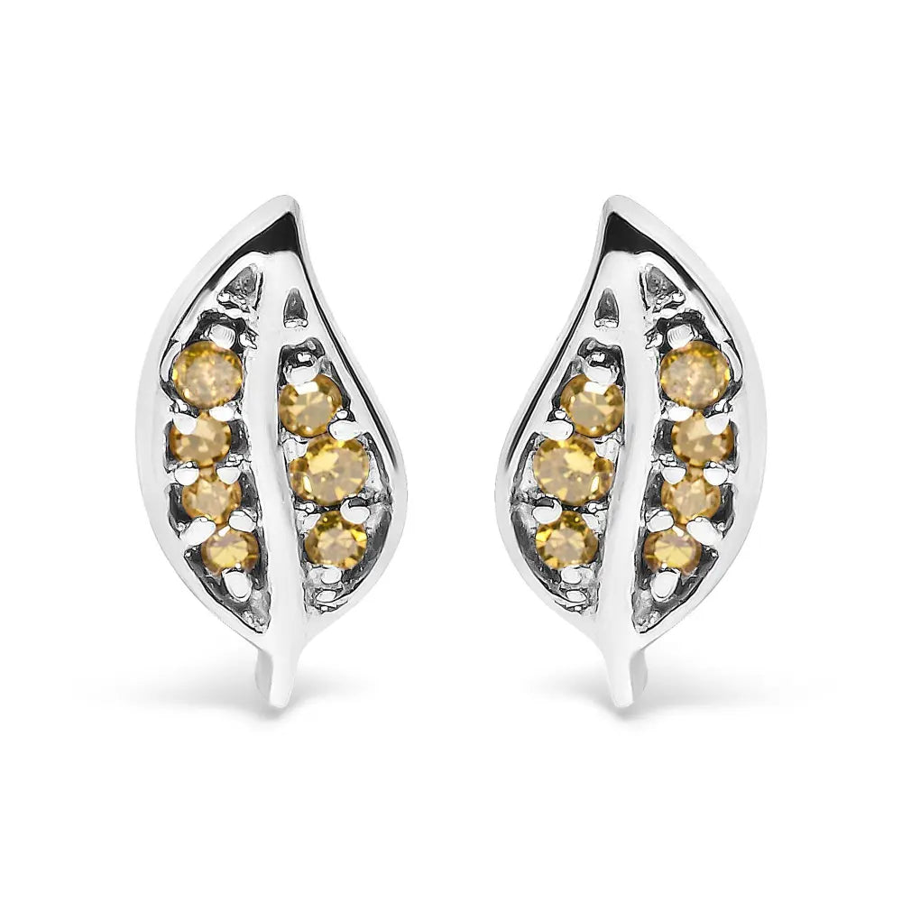 .925 Sterling Silver Yellow Diamond Accent Leaf Stud Earrings (Yellow Color, SI1-SI2 Clarity) - Bijoux-NYC Direct