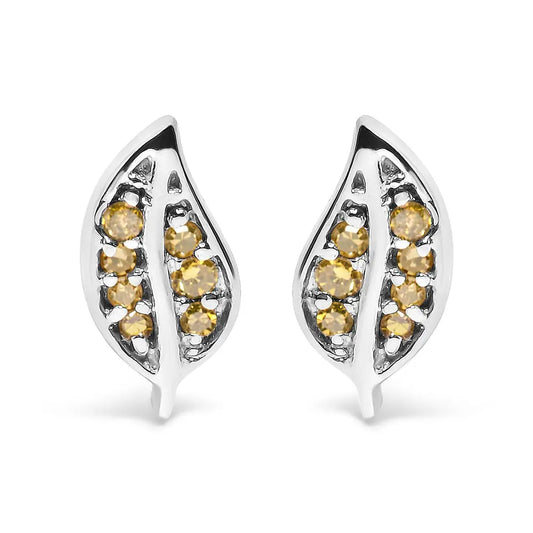 .925 Sterling Silver Yellow Diamond Accent Leaf Stud Earrings (Yellow Color, SI1-SI2 Clarity) - Bijoux-NYC Direct