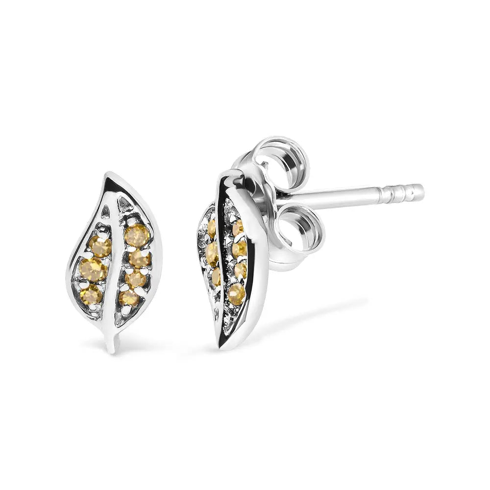 .925 Sterling Silver Yellow Diamond Accent Leaf Stud Earrings (Yellow Color, SI1-SI2 Clarity) - Bijoux-NYC Direct