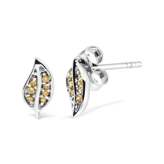 .925 Sterling Silver Yellow Diamond Accent Leaf Stud Earrings (Yellow Color, SI1-SI2 Clarity) - Bijoux-NYC Direct