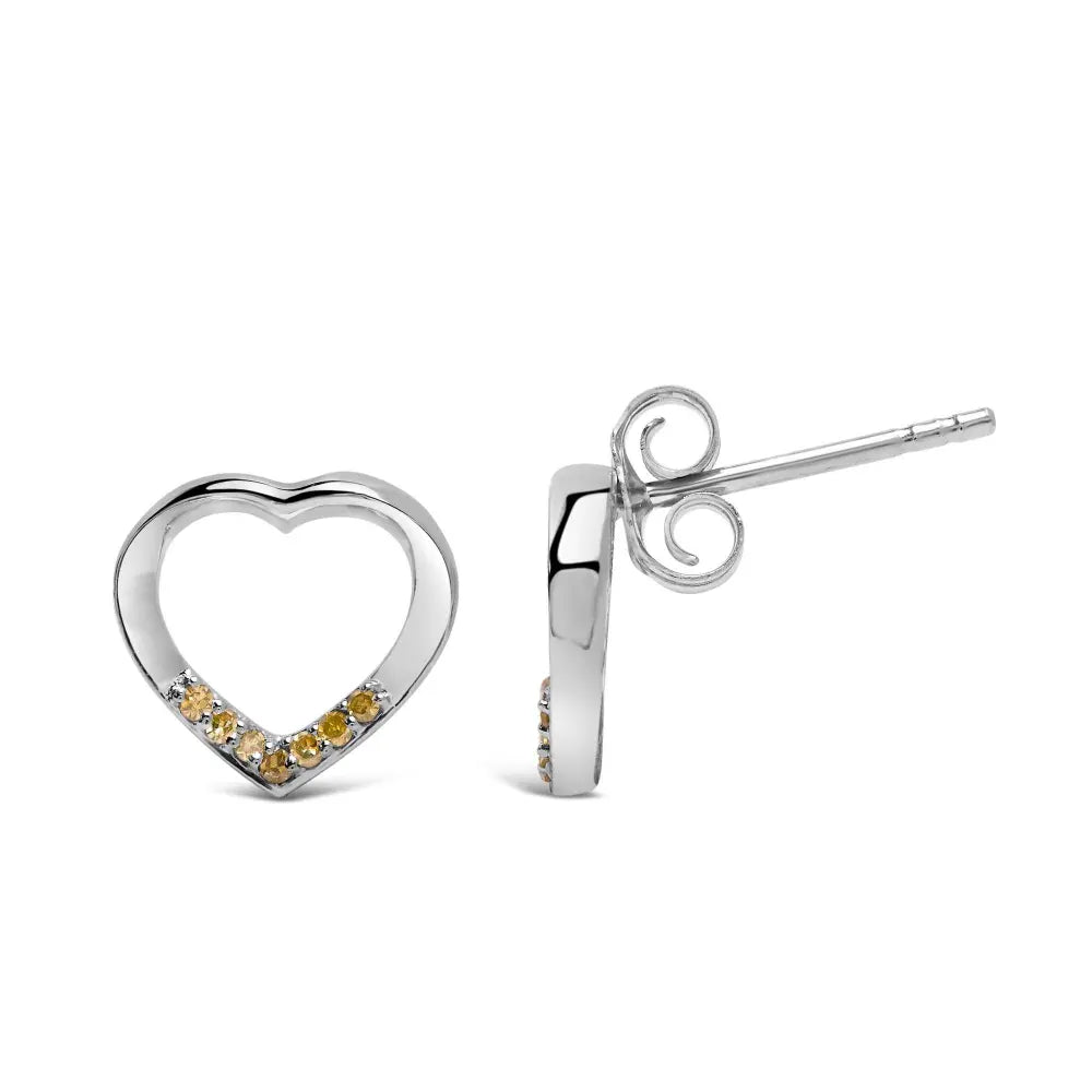 .925 Sterling Silver Yellow Diamond Accent Open Heart Stud Earrings (Yellow Color, SI1-SI2 Clarity) - Bijoux-NYC Direct