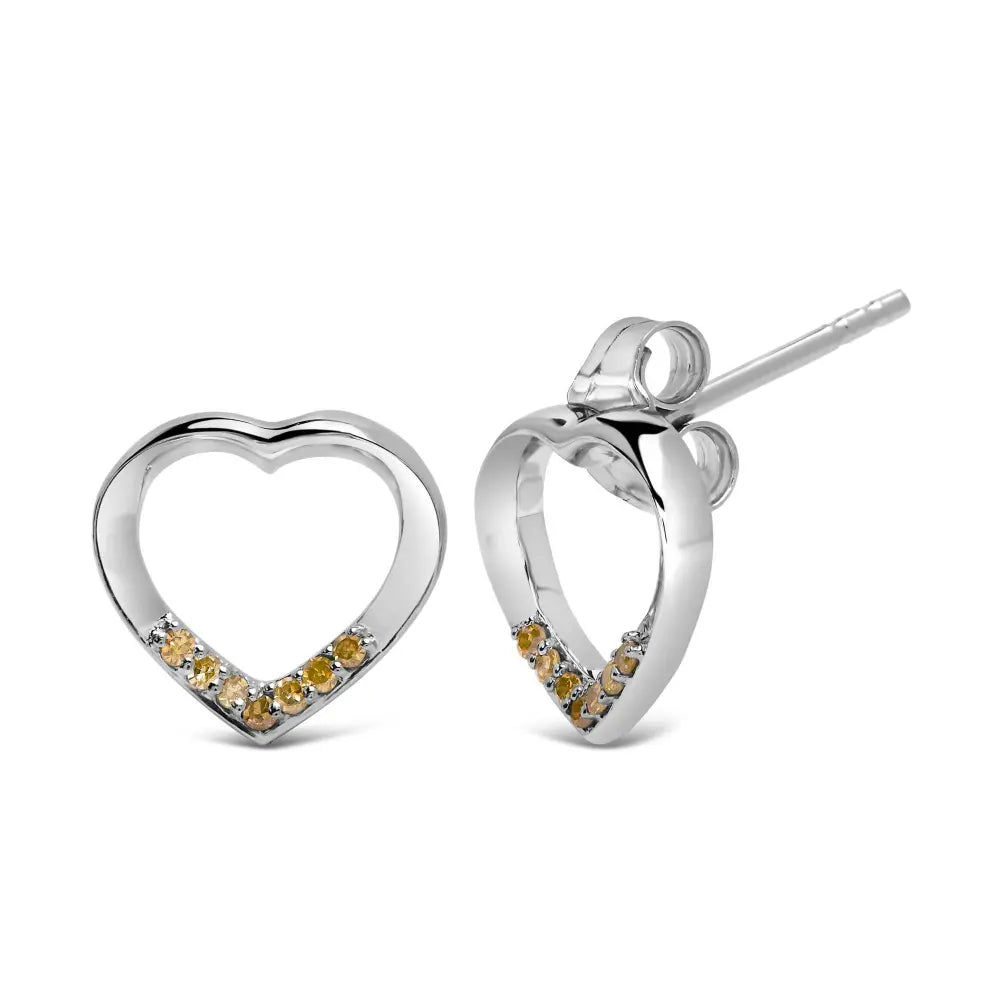.925 Sterling Silver Yellow Diamond Accent Open Heart Stud Earrings (Yellow Color, SI1-SI2 Clarity) - Bijoux-NYC Direct