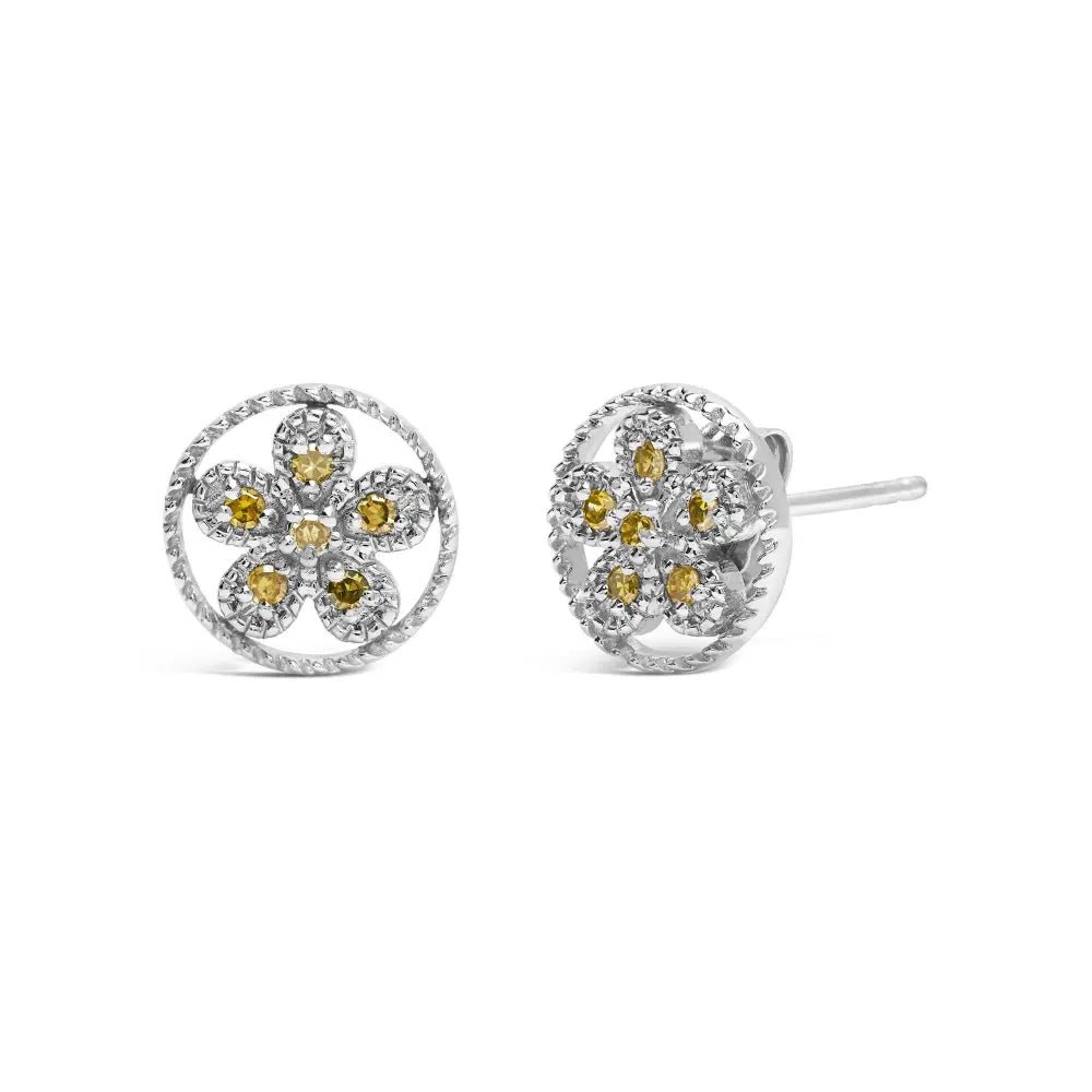 .925 Sterling Silver Yellow Diamond Accent Star and Wheel Milgrain Style Stud Earrings (Yellow Color, I2-I3 Clarity) - Bijoux-NYC Direct