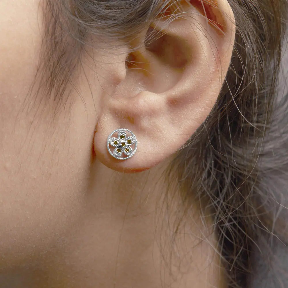 .925 Sterling Silver Yellow Diamond Accent Star and Wheel Milgrain Style Stud Earrings (Yellow Color, I2-I3 Clarity) - Bijoux-NYC Direct