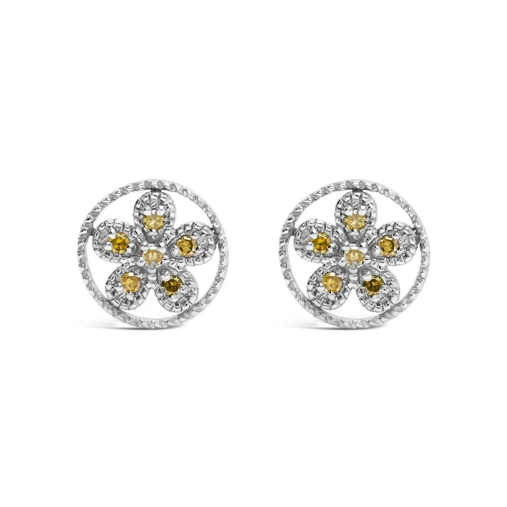 .925 Sterling Silver Yellow Diamond Accent Star and Wheel Milgrain Style Stud Earrings (Yellow Color, I2-I3 Clarity) - Bijoux-NYC Direct
