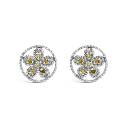 .925 Sterling Silver Yellow Diamond Accent Star and Wheel Milgrain Style Stud Earrings (Yellow Color, I2-I3 Clarity) - Bijoux-NYC Direct