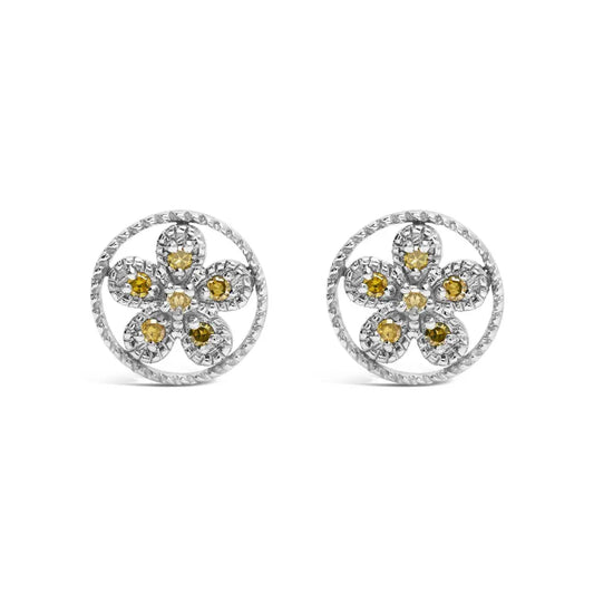 .925 Sterling Silver Yellow Diamond Accent Star and Wheel Milgrain Style Stud Earrings (Yellow Color, I2-I3 Clarity) - Bijoux-NYC Direct