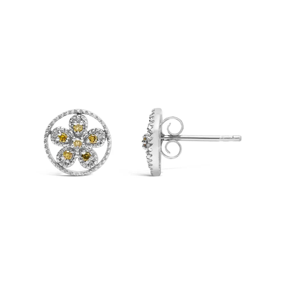.925 Sterling Silver Yellow Diamond Accent Star and Wheel Milgrain Style Stud Earrings (Yellow Color, I2-I3 Clarity) - Bijoux-NYC Direct