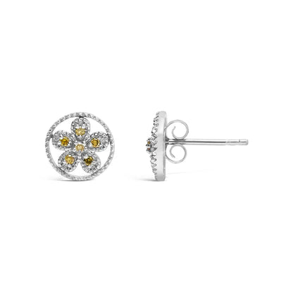 .925 Sterling Silver Yellow Diamond Accent Star and Wheel Milgrain Style Stud Earrings (Yellow Color, I2-I3 Clarity) - Bijoux-NYC Direct