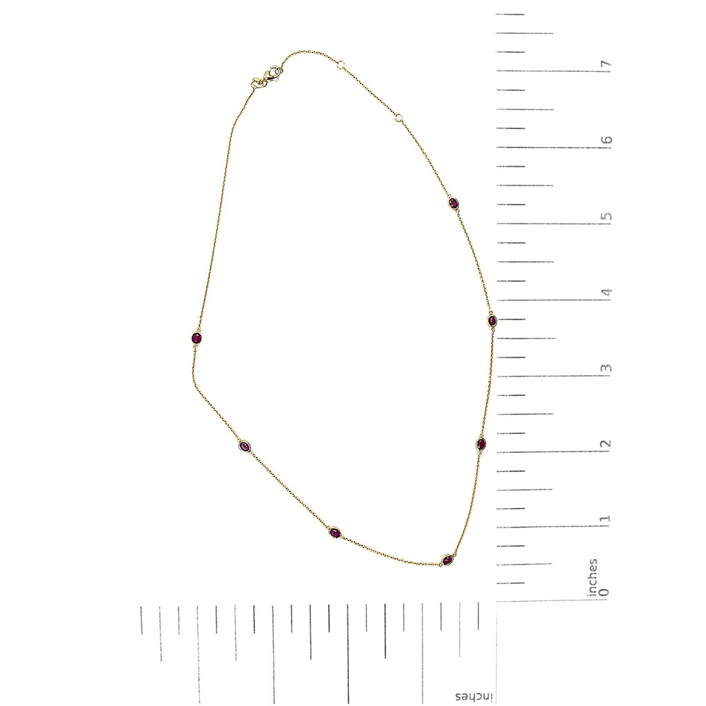 14K Yellow Gold Bezel Set 4x3 mm Oval Red Ruby Station Necklace - 18 Inches