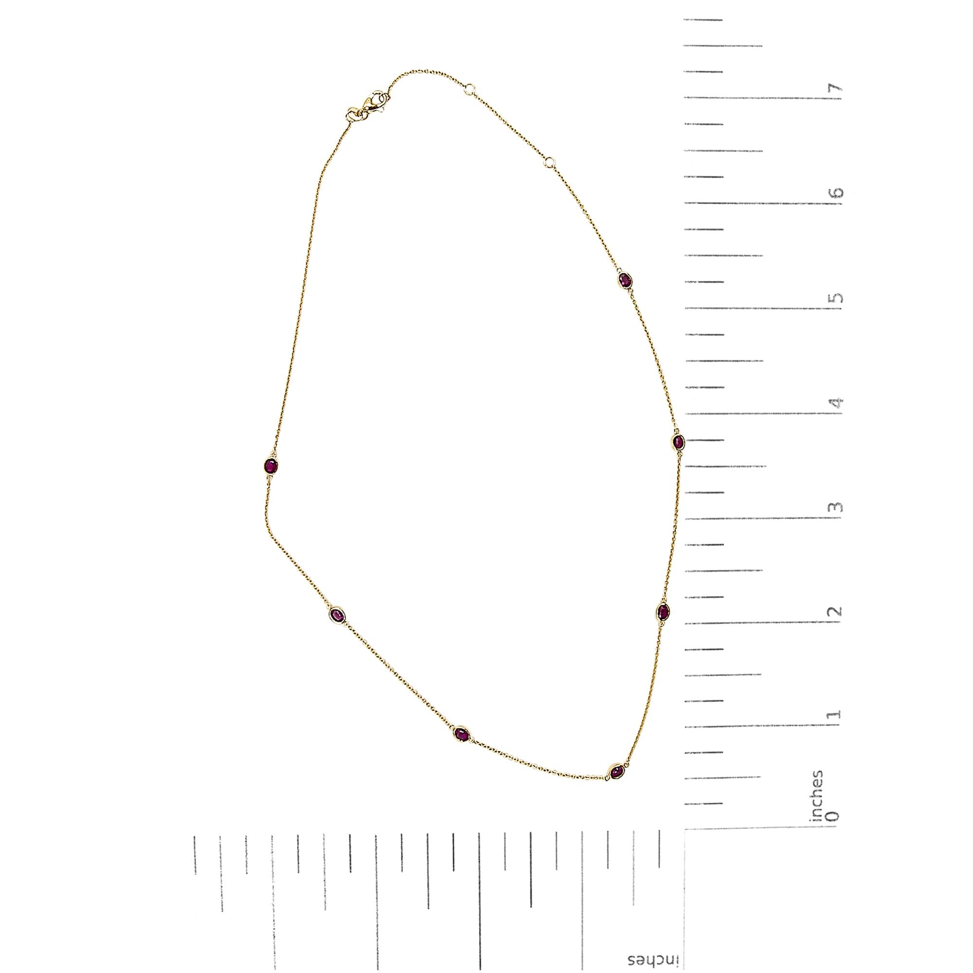 14K Yellow Gold Bezel Set 4x3 mm Oval Red Ruby Station Necklace - 18 Inches
