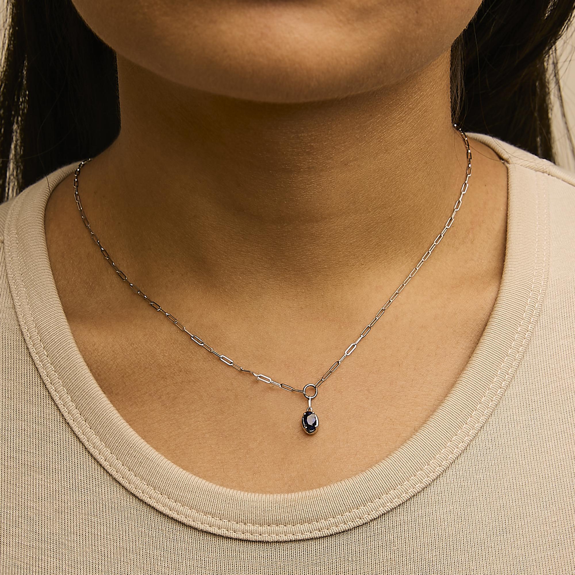 10K White Gold 6x4 mm Oval Blue Sapphire Solitaire Paperclip Pendant Necklace - 18" Inches