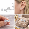 Diamond stud earrings shown with a ruler, on an ear, held between fingers, and in a box.