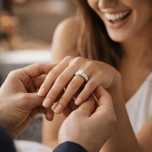 Women wearing a diamond engagement ring on a blurred background